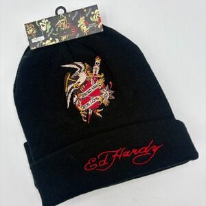 Ed Hardy Black Beanie Hat Embroidered Skulls Hearts Dagger True Love Logo